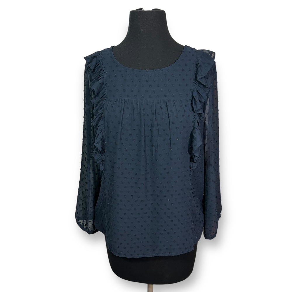 J. Crew Ruffle Blouse Swiss Dot‎ Long Sleeve Top Elegant Navy Blue Size 6